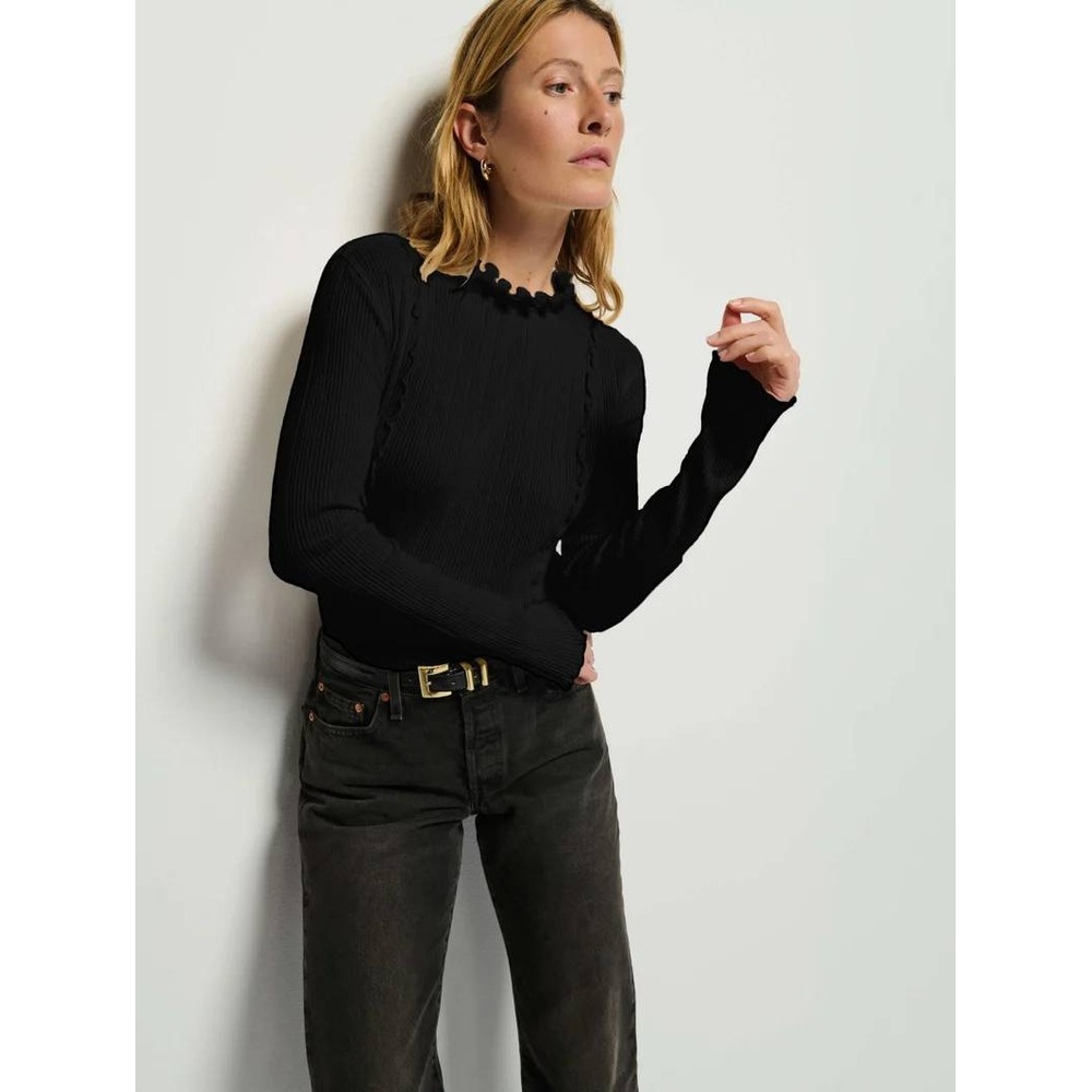 Nation LTD Gizelle Top Women Medium Black Ribbed Ruffle Neck Long Sleeve